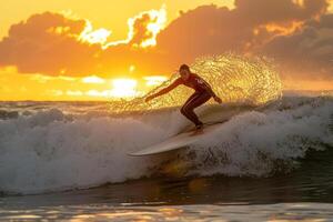 Surfer Riding Wave Under Golden Sunrise Sky Dynamic Surfing  Nature Background photo
