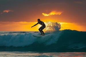 Surfer Riding Wave Under Golden Sunrise Sky Dynamic Surfing  Nature Background photo