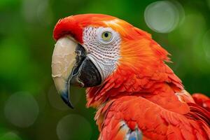 Nature Background Portrait of a Scarlet Macaw with  Feathers Against a Green Tropical Background Nature Background photo