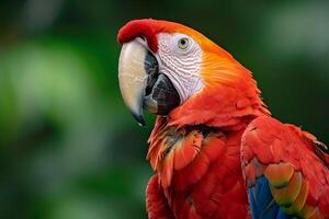 Nature Background Portrait of a Scarlet Macaw with  Feathers Against a Green Tropical Background Nature Background photo