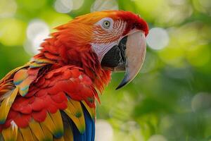 Nature Background Portrait of a Scarlet Macaw with  Feathers Against a Green Tropical Background Nature Background photo