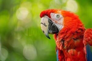 Nature Background Portrait of a Scarlet Macaw with  Feathers Against a Green Tropical Background Nature Background photo
