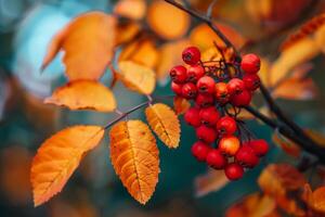 Bright red berries contrasting with autumn leaves background nature photo