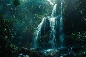 Waterfall cascading through a lush rainforest nature background photo