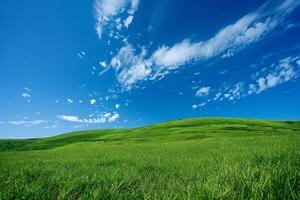 Wide angle of green hilltops under a clear blue sky nature background photo