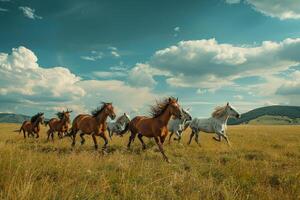 pack of wild horses running free in an open field nature background photo