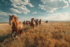 pack of wild horses running free in an open field nature background photo