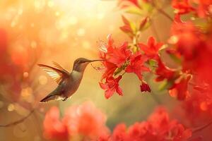 Hummingbird Sipping Nectar from Bright Red Azalea Flowers in a Sunlit Garden   Nature Background photo