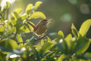 Carolina Wren Singing in Garden   Nature Background photo
