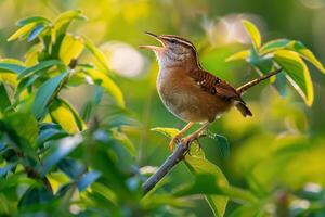 Carolina Wren Singing in Garden   Nature Background photo