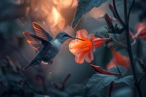 Ruby Throated Hummingbird Sipping Nectar from Trumpet Vine   Nature Background photo