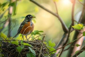 American Robin Building Nest in Spring Garden   Nature Background photo