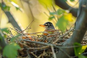 American Robin Building Nest in Spring Garden   Nature Background photo