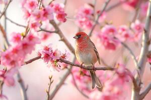 House Finch Perched on Flowering Branch   Nature Background photo