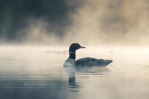 Common Loon Floating on Misty Lake   Nature Background photo