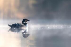Common Loon Floating on Misty Lake   Nature Background photo