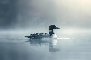 Common Loon Floating on Misty Lake   Nature Background photo