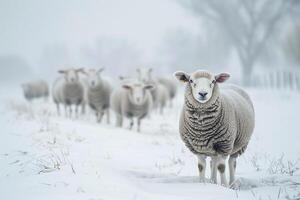 Sheep in a Snowy Pasture with Nature Background photo