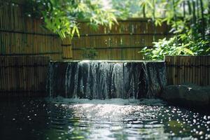 A Serene Waterfall Flowing Gently into a Small Bamboo Lined Pond with Nature Background photo