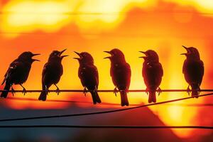 Birds Perched on Backyard Wires Singing at Sunset with Nature Background photo