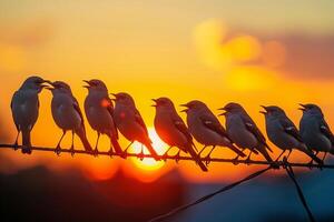 Birds Perched on Backyard Wires Singing at Sunset with Nature Background photo