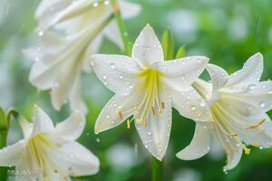 Rain Lily flowers with delicate white petals emerging after rain photo