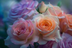 Rose flowers in various colors with soft. velvety petals. nature background photo