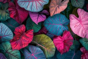 Nature background of Caladium leaves showcasing intricate patterns and  colors photo