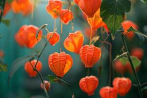 Chinese Lantern plants with bright orange lantern shaped pods background Nature photo