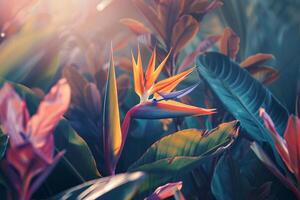 Bird of Paradise flower against a background of lush tropical foliage Nature photo