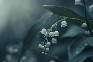 Lily of the Valley flowers with small. bellshaped white blooms against a nature background photo