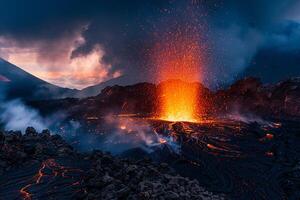 Active Volcano Erupting with Lava Flow and Ash Plume Background Nature photo