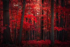 Dense Autumn Maple Grove with  Red Leaves and Sunlight Filtering Through Background Nature photo