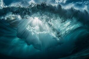 Inside the Barrel of a Breaking Ocean Wave with Sunlight Streaming Through Background Nature photo