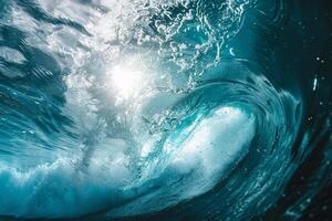 Inside the Barrel of a Breaking Ocean Wave with Sunlight Streaming Through Background Nature photo