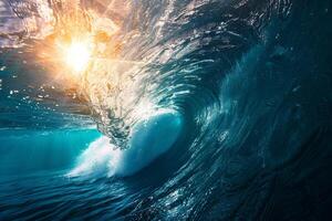 Inside the Barrel of a Breaking Ocean Wave with Sunlight Streaming Through Background Nature photo