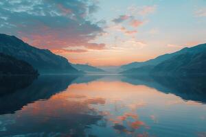 Reflection of Mountains and Sky on Calm Lake Surface at Sunrise Background Nature photo