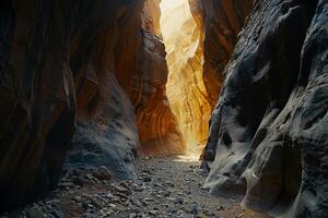 Narrow Desert Slot Canyon with Sunlight Filtering Through Tall Walls Background Nature photo