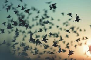 Flock of Starlings Creating Intricate Patterns in the Sky at Dusk Nature Background photo