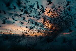 Flock of Starlings Creating Intricate Patterns in the Sky at Dusk Nature Background photo
