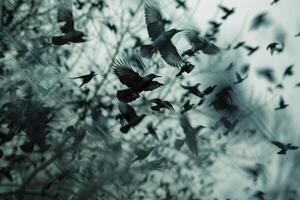 Flock of Starlings Creating Intricate Patterns in the Sky at Dusk Nature Background photo