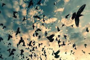 Flock of Starlings Creating Intricate Patterns in the Sky at Dusk Nature Background photo