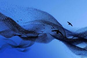 Flock of Starlings Creating Intricate Patterns in the Sky at Dusk Nature Background photo
