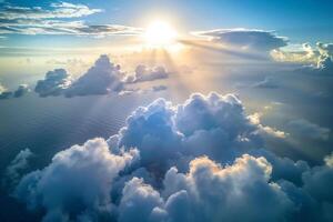 Sunbeams Through Dramatic Storm Clouds Over Ocean Nature Background photo