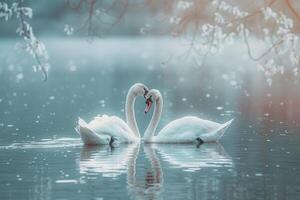 Swan Pair Swimming on Lake. Nature Background. Serene Water Scene photo