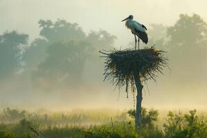 Majestic Stork Nesting in Wetland Nature Background photo