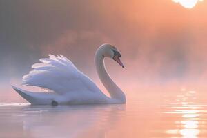 Swan Gliding Gracefully on Misty Lake at Sunrise Nature Background photo
