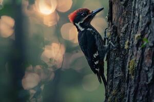 Resilient Woodpecker Drumming on Tree Trunk in Forest Nature Background photo