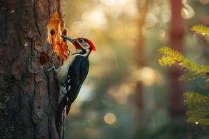 Resilient Woodpecker Drumming on Tree Trunk in Forest Nature Background photo