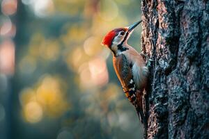 Resilient Woodpecker Drumming on Tree Trunk in Forest Nature Background photo